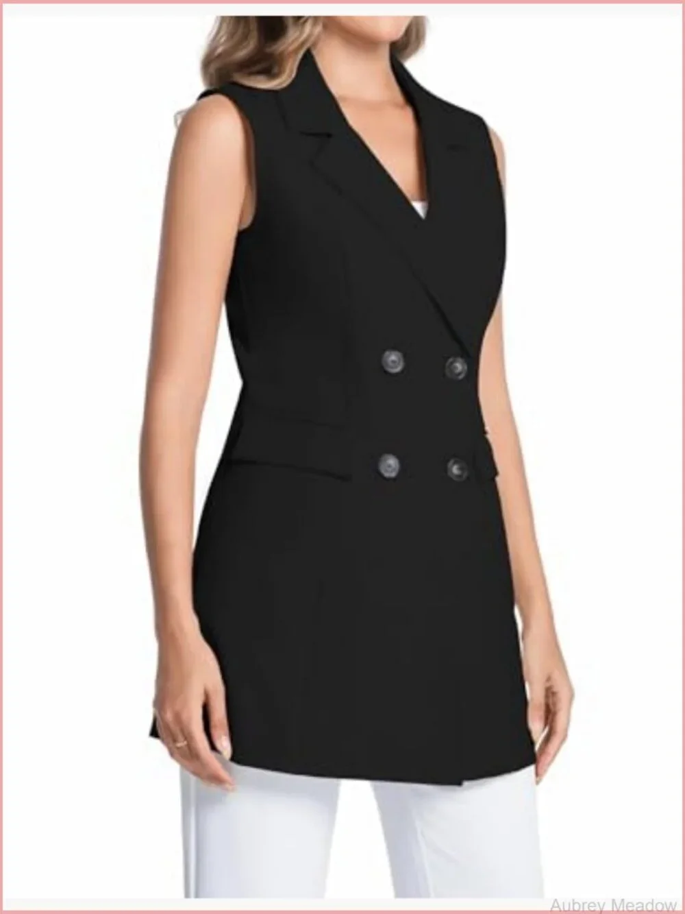 Sleeveless Long Vest Notch Lapel Double Breasted Cotton Linen Blazer Jacket